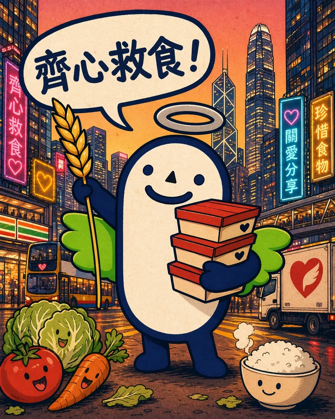 Rice Boy holding wheat + Food Angel meal boxes