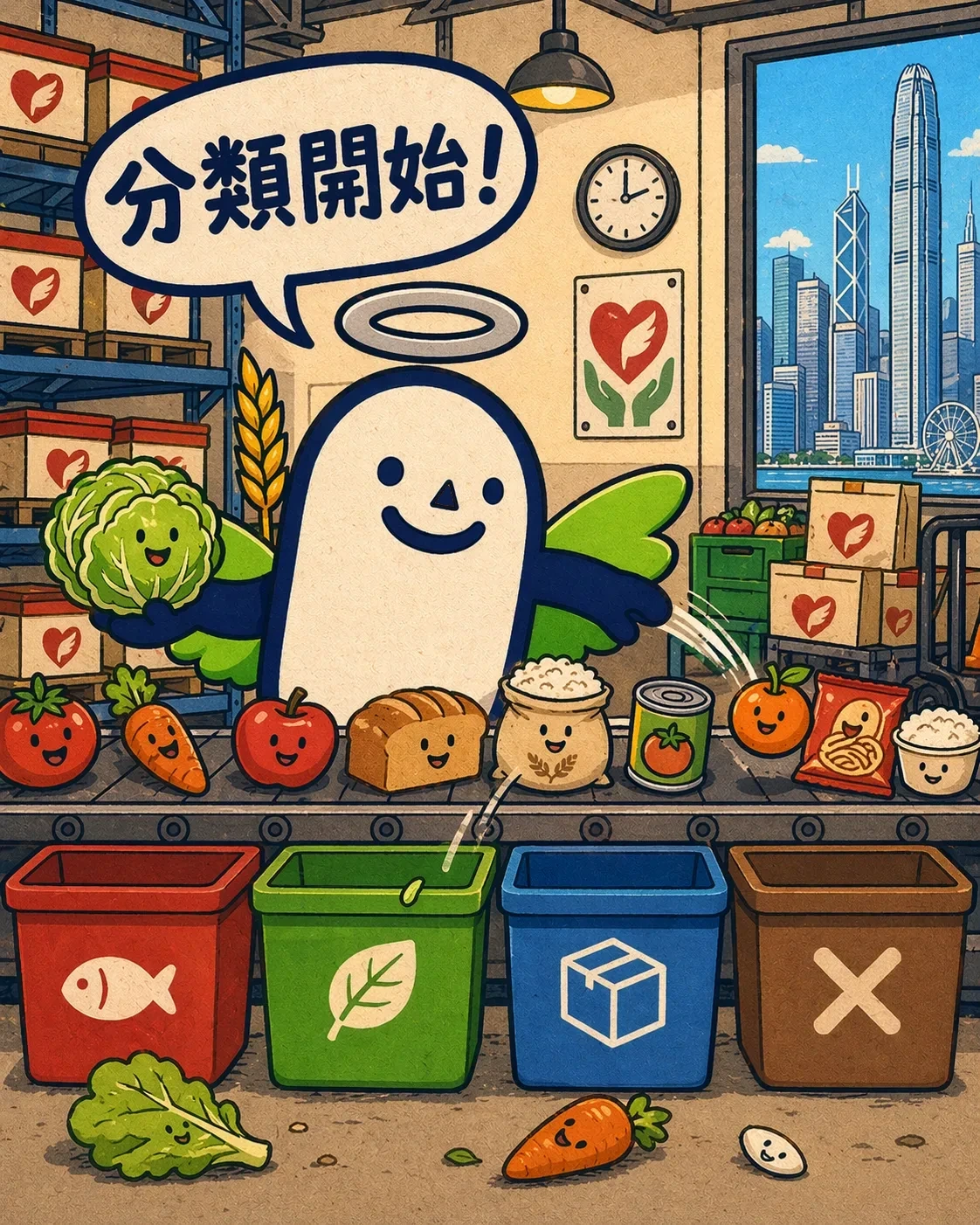 Rice Boy sorting rescued food at the conveyor belt