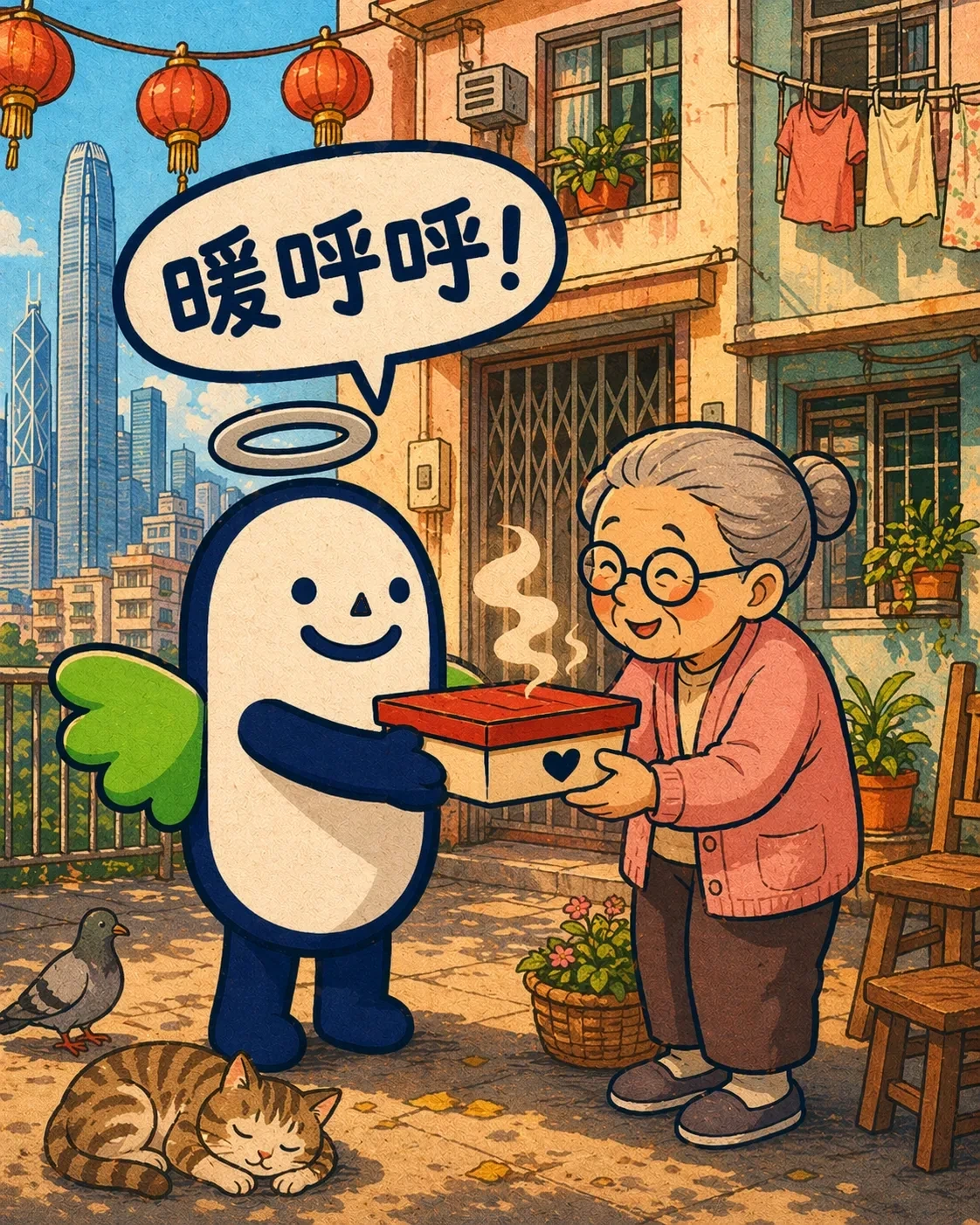 Rice Boy delivering a warm meal to an elderly HK auntie